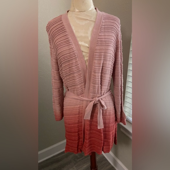 Chico’s 2 Sz L Ambre Coral Pink Ribbed Open Front Long Line Sweater Cardigan - Picture 1 of 10